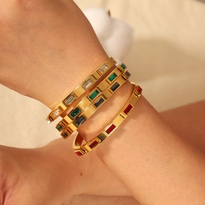 18K gold-plated stainless steel bangles with colorful rectangular zircon stones for women