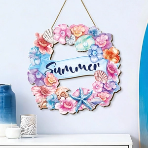 Hawaii beach summer wooden wreath sign with starfish and shells on white wall decor
