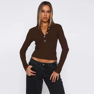 Close-up of ribbed knit texture and button-down detail on dark brown cardigan