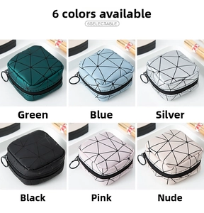 Mini geometric cosmetic bags in six colors with metallic zippers and ring pulls