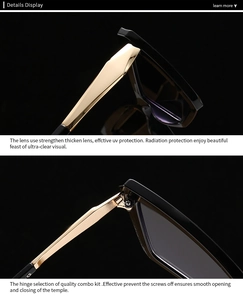 Close-up of black and gold cat eye sunglasses featuring durable metal hinges and UV lenses