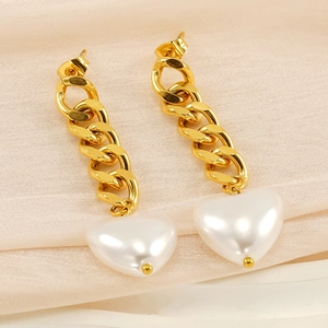 Elegant 18K gold stainless steel long drop earrings with chunky chain and heart pearls