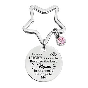 Polished stainless steel star keychain with pink crystal and engraved Mother's Day quote
