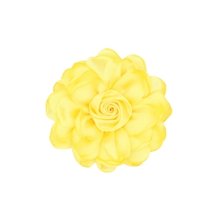 Detailed top view of a bright yellow satin fabric rose with layered petals on white background
