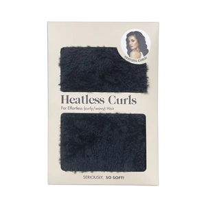 Detail of soft black velvet heatless hair curler set in beige window packaging box