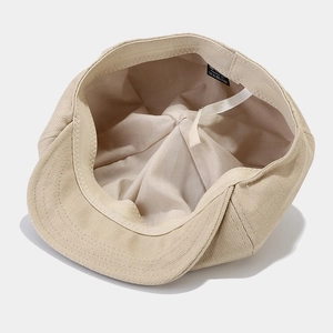 Japanese style beige minimalist twill beret with internal drawstring lining and sweatband