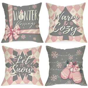 Christmas Pillow Covers Cotton Linen Winter Snowman Snowflake Tree Patterns Decorative Cushion Covers Home Sofa Decor Pink Grey