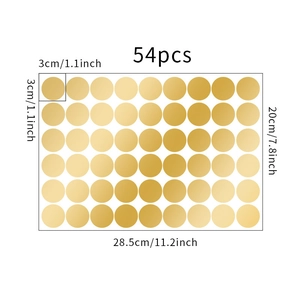 Detail showing 54pcs golden round dot wall decals with size 3cm/1.1inch and dimensions info