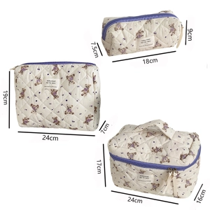 Detailed sizes of purple bear quilted makeup bags in three functional shapes
