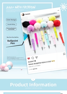 Detail view of colorful DIY bead pens featuring soft pom-poms and crystal accents