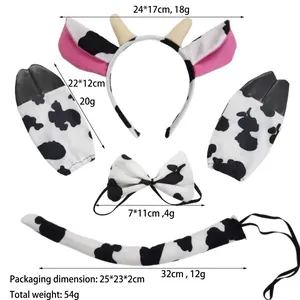 Detailed view of 5-piece cow costume set with measurements for headband and accessories