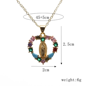 Detail of gold necklace with colorful zircon Virgin Mary pendant and size dimensions