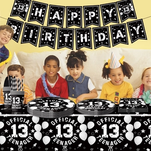 Official 13th Teenager birthday party supplies with black and silver plates and cups