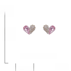 Detail shot of heart earrings with pink crystal, 925 silver needle, and size specs