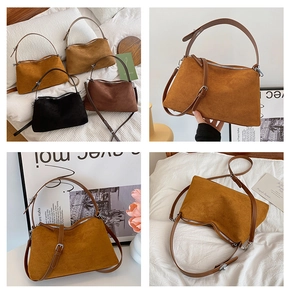 Collage of vintage faux suede tote bags in caramel and dark brown with metal buckle