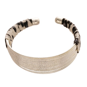 Modern leopard print faux leather pleated cuff bracelet with silver wired metal detailing