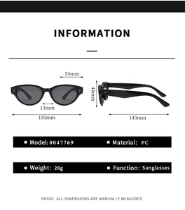Detailed size specifications for classic black cat-eye PC frame lightweight sunglasses