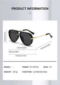 Detailed size chart for oversized aviator sunglasses with frame dimensions and specs