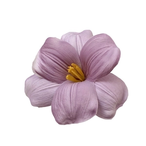 Lifelike purple tulip hair clip with delicate petal texture and yellow stamen on white background