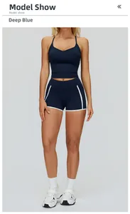 Détail de l'ensemble de yoga bleu mer profonde avec rayures blanches et haut de sport