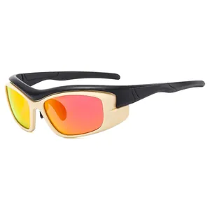 Y2K sporty wrap-around sunglasses with black-white frame and orange gradient lenses