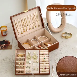 Brown litchi leather jewelry box with double-layer storage for necklaces and rings