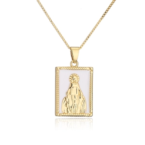 18K gold plated necklace with Virgin Mary square oil painting pendant on white background