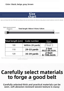 Size chart showing width 3.5cm and lengths 100cm to 120cm for elastic woven belts