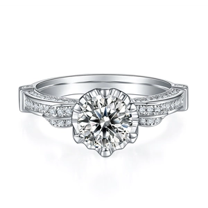 Front view of a 1 carat moissanite ring featuring a swan design with micro-pave diamonds