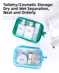 Detail view of transparent waterproof PVC toiletry bags with color-matching zippers