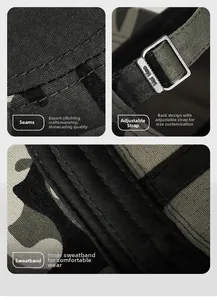 Close-up of camouflage cotton fabric with reinforced stitching and adjustable metal buckle