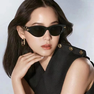 Detail of vintage cat-eye sunglasses with golden diamond-patterned temples and luxury logo