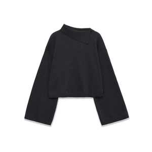 Minimalist black knitted top with long sleeves and unique asymmetric neckline design