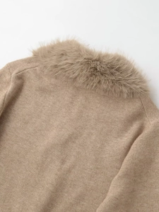 Close-up of fluffy faux fur collar and fine knit texture on beige lapel jacket
