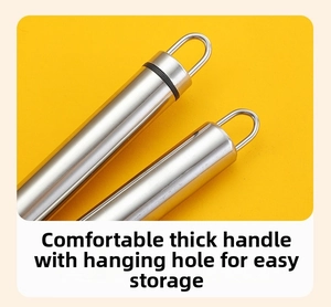 Detail of ergonomic stainless steel handle with convenient hanging hook for storage