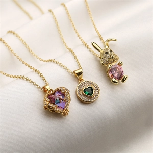 Zircon Heart Round Rabbit Pendant Necklace Copper Gold Plated Fashion Jewelry For Women Elegant Accessories