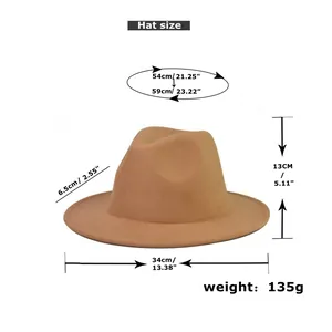 Detailed sizing chart for flat brim wool fedora hat with metal belt buckle decoration