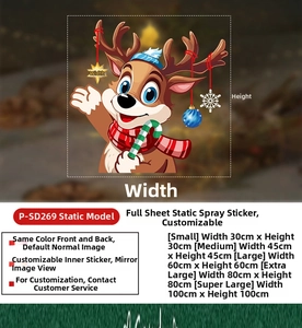 Size chart for Christmas elk snowman static window stickers from 30cm up to 100cm