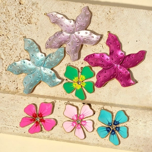 French enamel flower pendants in stainless steel with colorful petals and rhinestones
