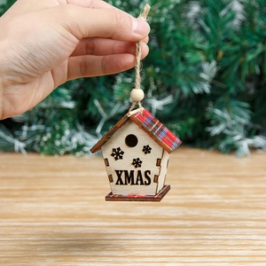 Handheld red wooden Christmas house ornament with plaid roof and hanging rope