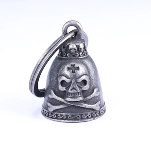 Vintage stainless steel motorcycle guardian bell with cross skull and crossbones design