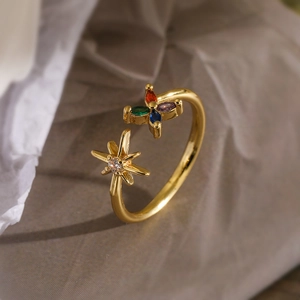 Adjustable 18K gold plated copper ring with colorful zircon flower and star motifs