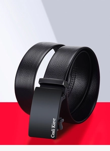 Detail of men's black automatic buckle belt with a matte finish and grain leather texture