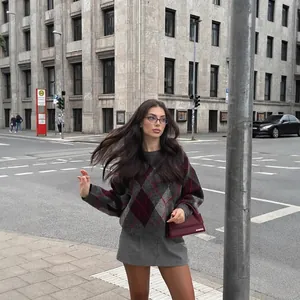 Women's vintage argyle knit sweater in dark grey and burgundy with a loose casual fit
