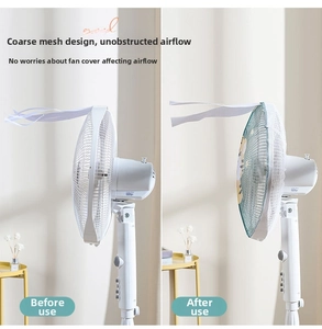 Detailed comparison of breathable mesh fan cover on a pedestal fan with air vent detail