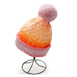 Winter gradient knit beanie with faux fur pom and fleece lining for warmth