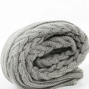 Close-up of the grey knitted texture and thick fabric of the winter thigh-high leg warmers