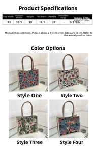 Detailed size specifications for floral linen tote bags with precise dimensions and weight