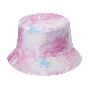 Pink and blue tie-dye reversible bucket hat for sun protection with a 3D cloud print pattern