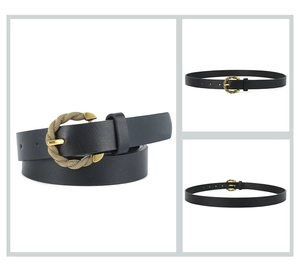 Close-up of black PU leather skinny belt featuring a golden woven texture metal buckle